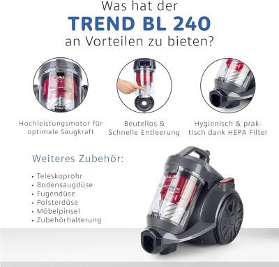 Fakir BL 240 Trend - Toz Torbasız Silindirik Elektrikli Süpürge | HEPA Filtreli, Uzun Kablo ve Yüksek Performanslı Motor | Sessiz Elektrikli Süpürge | Antrasit & Kırmızı | 700 Watt - 4